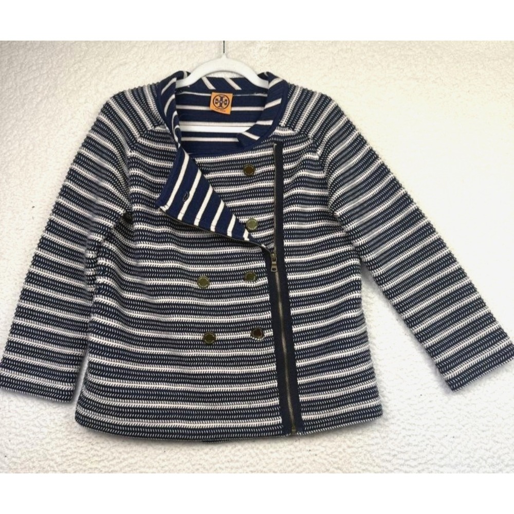 Tory Burch Jacket Womens Medium Blue White Striped Merino Wool Nautical Asym Zip